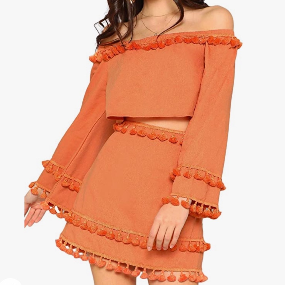 Burnt orange 2 piece set. Off the shoulder crop with matching fringe skirt.